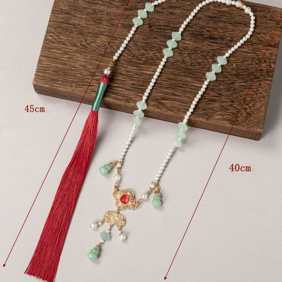 Jade Beaded Necklace w/ Tassel | Women Handmade Retro Lucky Charm Pendant #1282 - Picture 3 of 5